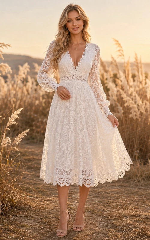 Bohemian White Tea-Length V-Neck Long Sleeve Country Lace Dress Rustic