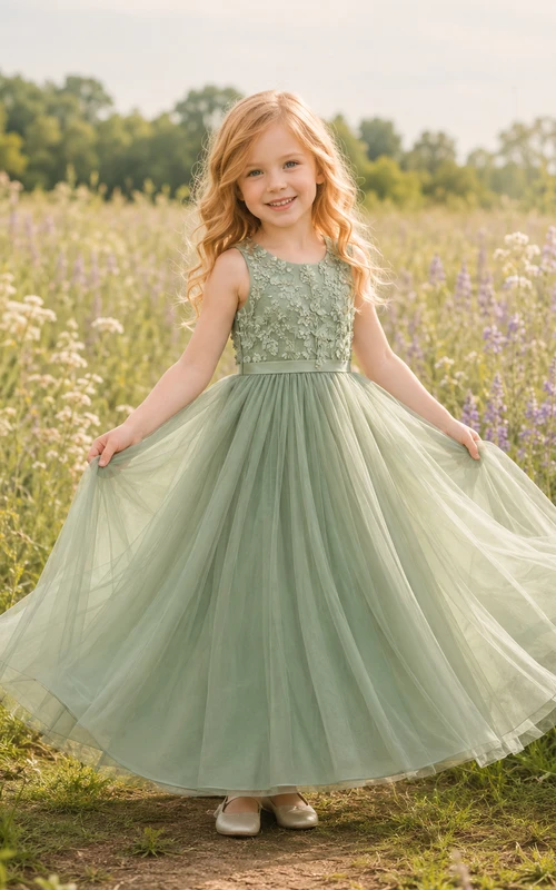 Robe de demoiselle d'honneur Sage, coupe trapèze, en tulle et dentelle, col bijou, sans manches, longueur au sol