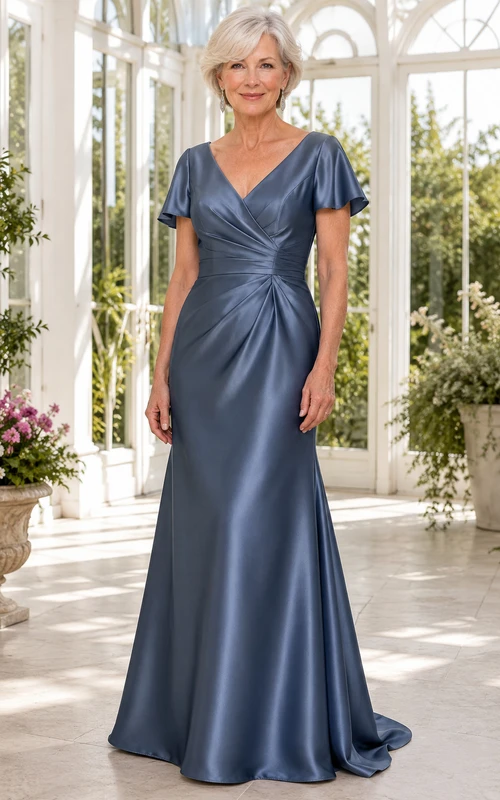 Steel Blue Satin Mermaid Mother Dress with Flutter Sleeves
