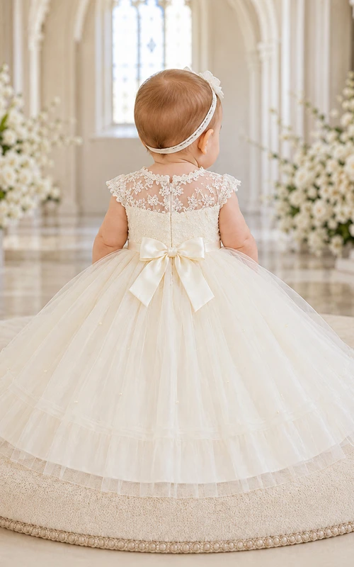 Christening Dress A-Line Tulle Lace Scoop Neck Tea-Length Bow Back