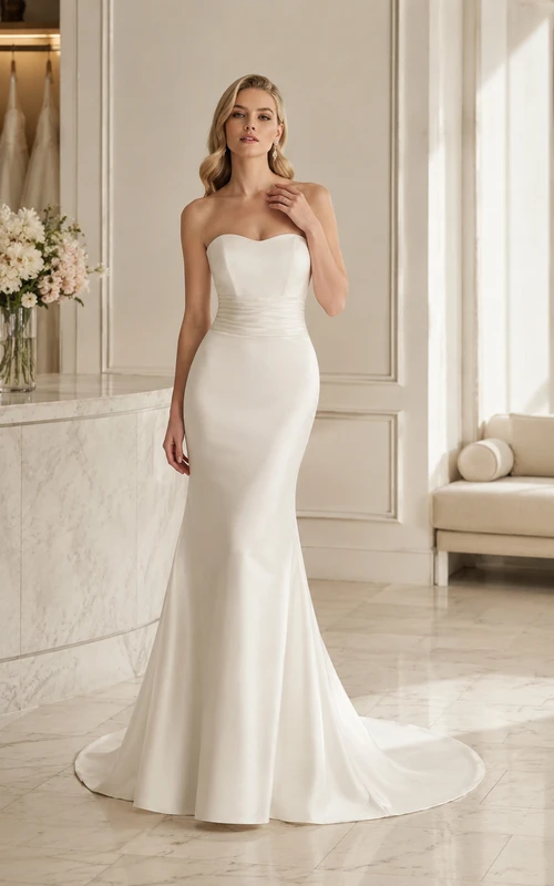 Robe de mariée sirène en satin blanc sans bretelles avec traîne chapelle
