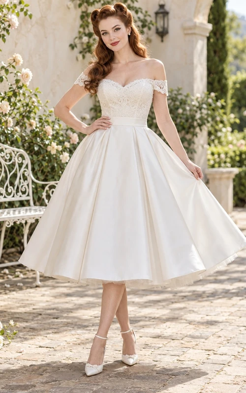 Vintage Tea-Length Off-Shoulder Sweetheart Lace-Bodice Satin A-Line Bow-Back Wedding Dress