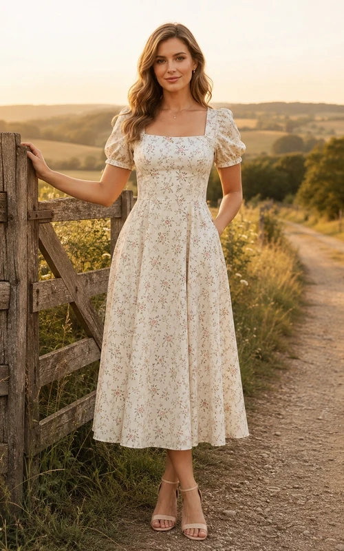 Vestido blanco de encaje floral con cuello cuadrado y manga corta hasta la rodilla