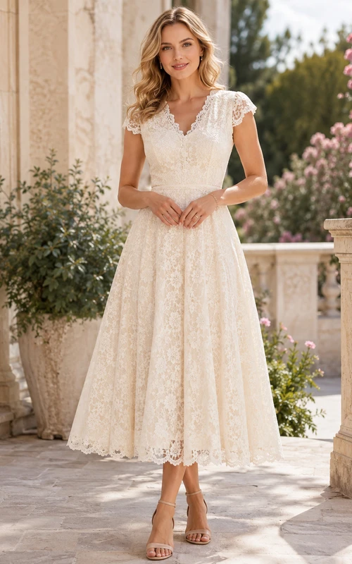 Vestido de invitada de corte A, largo midi, con escote en V, manga corta, pliegues de encaje y cremallera en la espalda.