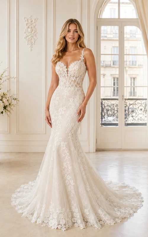 Robe de mariée sirène luxueuse à fines bretelles, dentelle florale et traîne chapelle, ornée de spaghettis et de superpositions