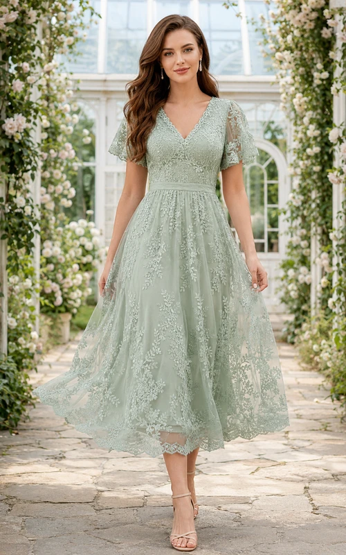 Mint Green V Neck Short Sleeve Lace Guest Dress