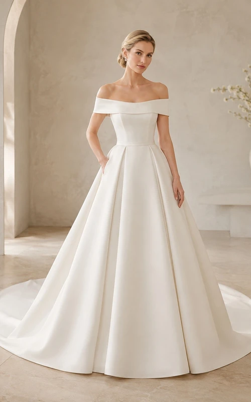 Off shoulder A-line Sweep Train Bridal Ceremony Wedding Dress Formal