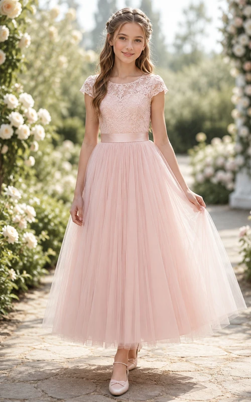 Robe de demoiselle d'honneur en dentelle rose poudré et tulle, coupe trapèze, col rond, longueur thé