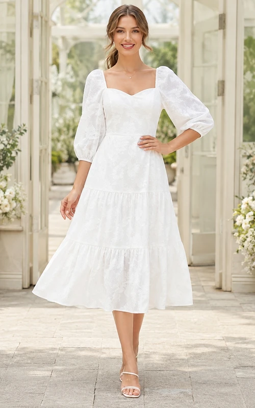 Weißes Cocktailkleid mit eckigem Ausschnitt, A-Linie, Spitze, Stufenärmeln und Puffärmeln