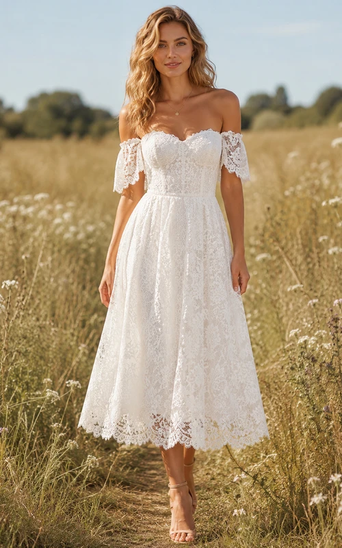 Vestido romántico vintage de manga corta con encaje y escote Bardot, corte A, largo hasta la rodilla, ideal para renovación de votos matrimoniales.