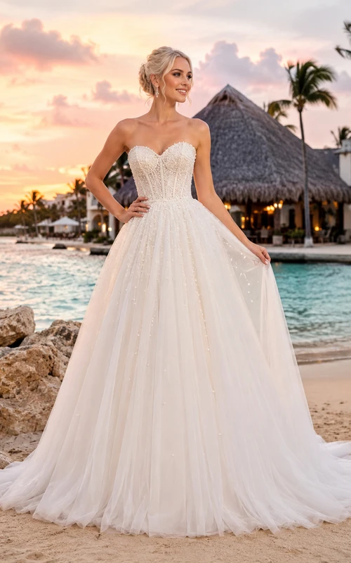 Robe de bal bustier en tulle scintillant avec traîne pour un mariage à destination