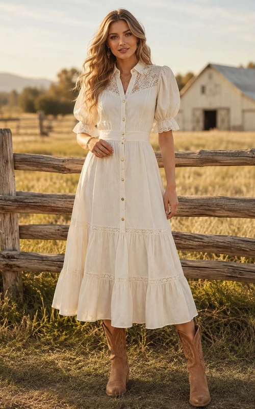 Schlichtes, elfenbeinfarbenes Landhauskleid im Western-Stil mit kurzen Ärmeln und Teelänge