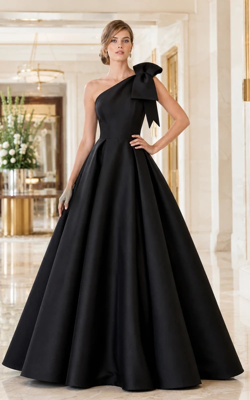 Schwarzes, schulterfreies Ballkleid aus Satin mit Schleife, bodenlang, formell, für den Abschlussball