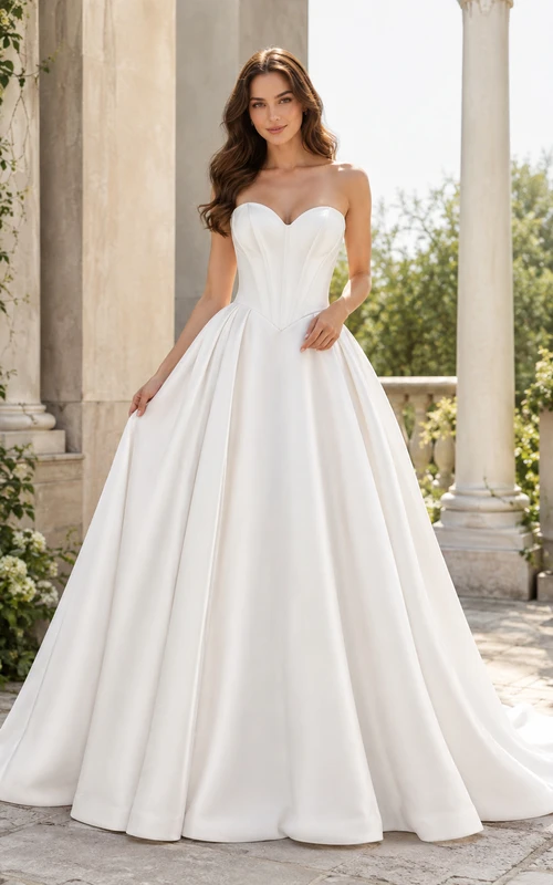 Robe de mariée bustier simple et luxueuse en satin avec corset et traîne chapelle