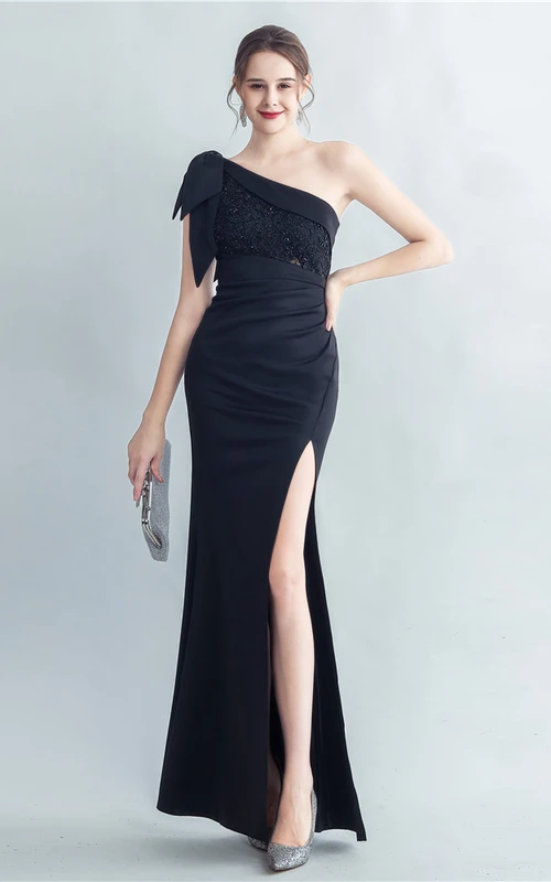 Lace Hot Diamond Craft Beaded Oblique Shoulder Roman Collar Side Slit High-End Evening Dress