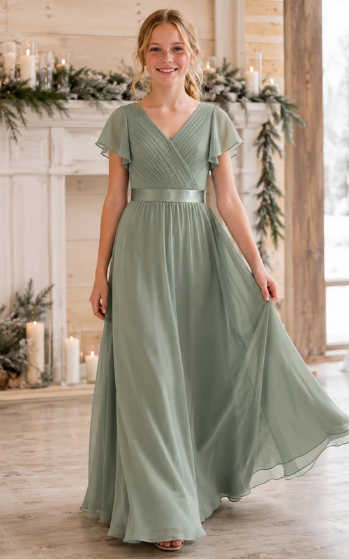 Celadonfarbenes Brautjungfernkleid für junge Damen, A-Linie, V-Ausschnitt, kurze Blütenblattärmel, Falten-Detail, elegant