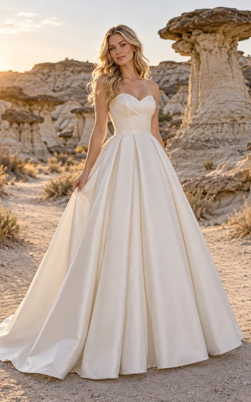 Vestido de novia sencillo, sin tirantes, de corte A, escote corazón, sin mangas, de satén plisado y largo hasta el suelo