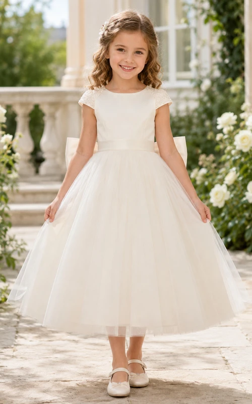 Klassisches A-Linien-Kleid aus Tüll für Blumenmädchen mit Rundhalsausschnitt, wadenlangem Rock und Schleifendetail