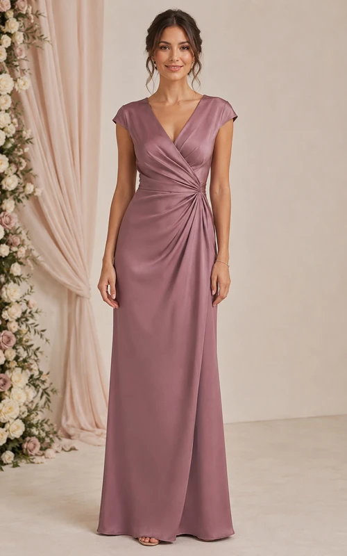 Mauve Satin V-neck Sheath Bridesmaid Dress
