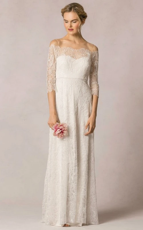 Robe de mariée fourreau en dentelle, épaules dénudées, longueur au sol, manches 3-4, manches 3 ou 4