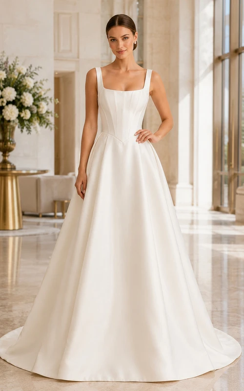 Minimalist Satin Wedding Dress A-Line Square Neck Sleeveless Sweep Train Bridal Gown