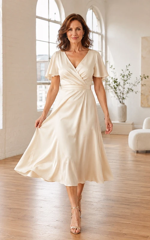 Elegantes, lässiges Satin-Wickelkleid mit V-Ausschnitt, flatternden Ärmeln, A-Linie und Teelänge – das perfekte zweite Hochzeitskleid
