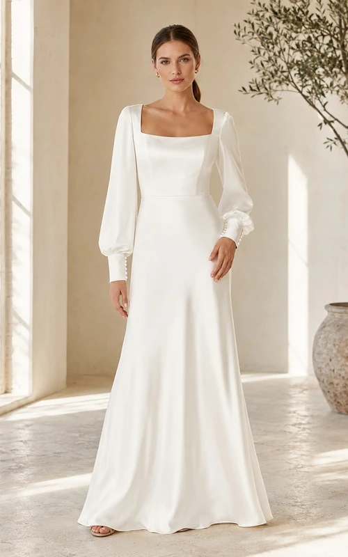 Simple Square Neck Long Puff Sleeve Satin A-Line Floor-Length Civil Wedding Dress