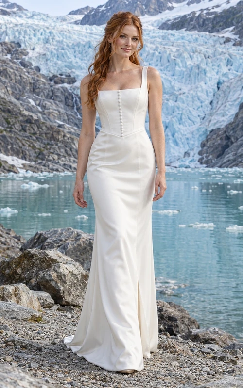 Vestido de novia sencillo de satén con escote cuadrado, tirantes anchos y cierre de botones en la parte delantera.