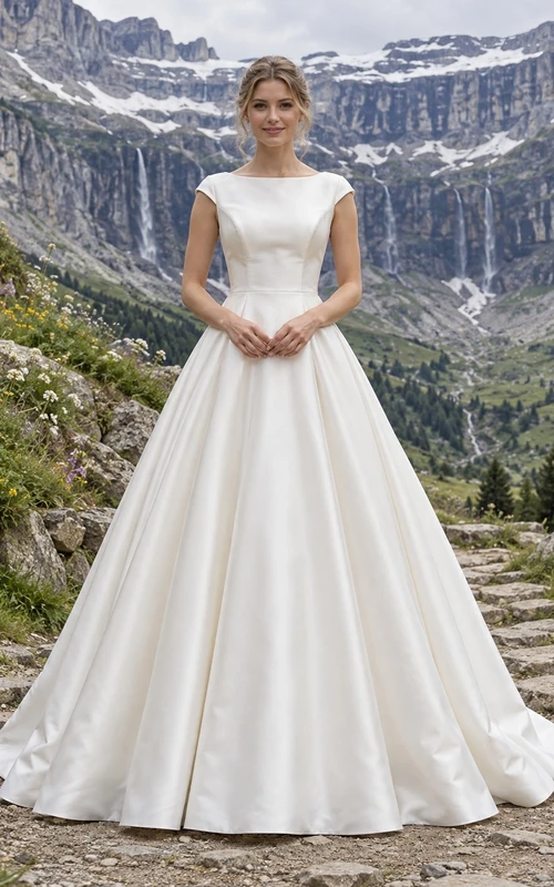 Sencillo vestido de novia de satén estilo duquesa, corte en A, escote barco, mangas cortas, largo hasta el suelo y cola.