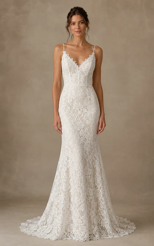 Spaghetti Strap Lace Mermaid Wedding Dress with Deep V-Neck and Low V Back Train