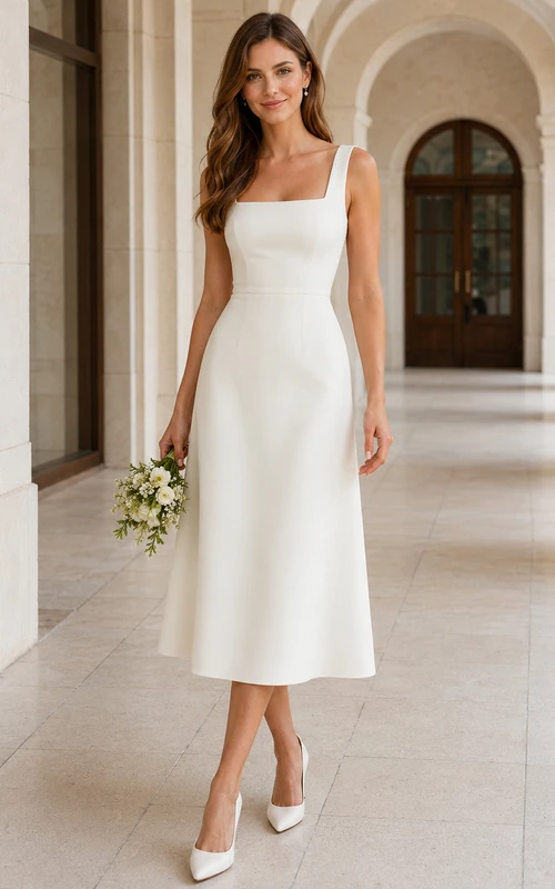 Robe de mariée civile en satin, coupe trapèze, longueur thé, bretelles carrées simples