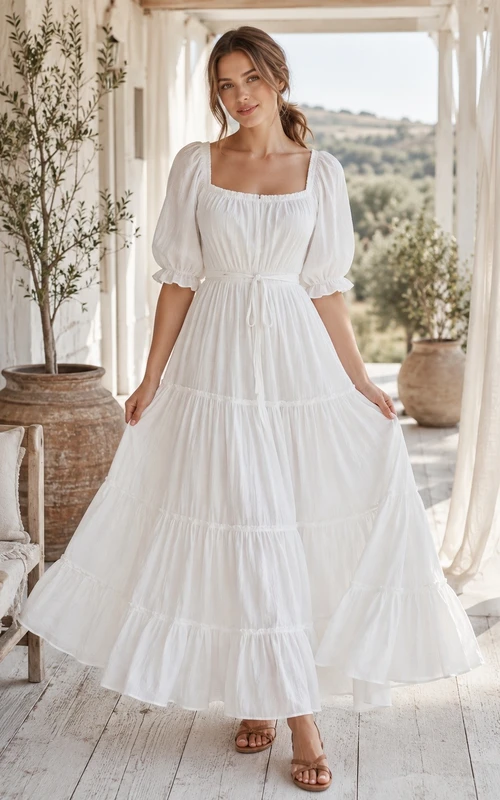 Vestido blanco de gasa con escote cuadrado, manga corta, corte en A y largo hasta los tobillos con volantes.