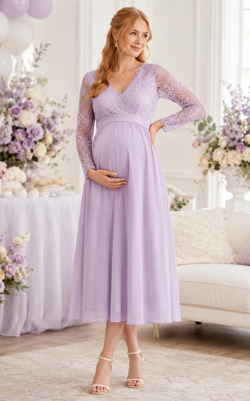 Lavendelfarbenes, elegantes Chiffon-Umstandskleid mit Spitze, Empire-Stil, Teelänge, V-Ausschnitt und langen Ärmeln – perfekt für Babypartys und formelle Anlässe.