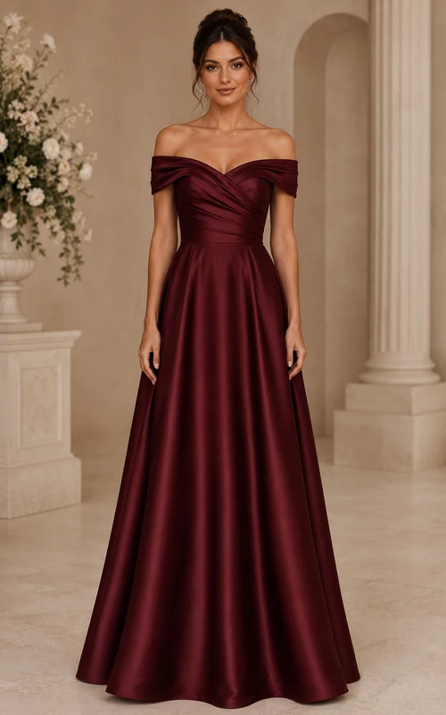 Vestido de dama de honor de satén burdeos con escote Bardot y corte en A