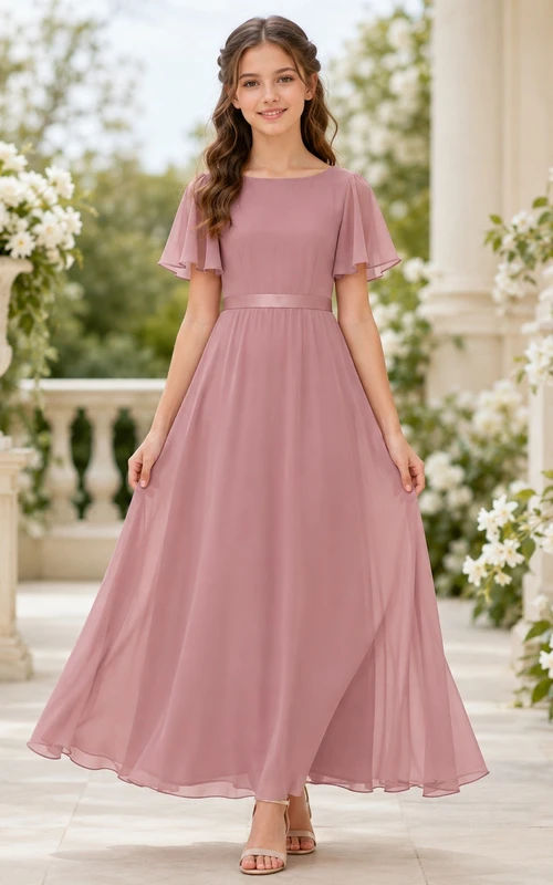 Schlichtes, altrosafarbenes Chiffonkleid mit Glockenärmeln, A-Linien-Ausschnitt und Teelänge für junge Brautjungfern