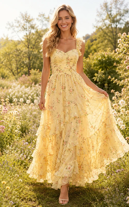 Yellow Floral Ruffle Tiered Garden Party Maxi Dress