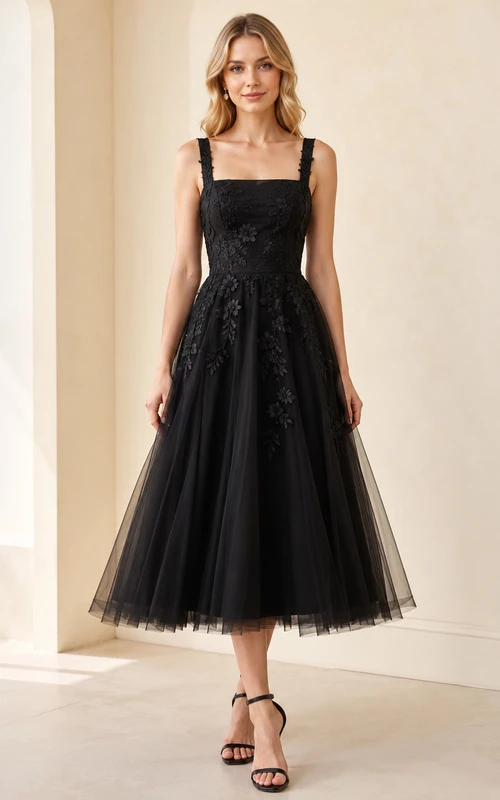 Vestido midi negro de corte A con escote cuadrado, apliques de encaje y tul para invitadas.