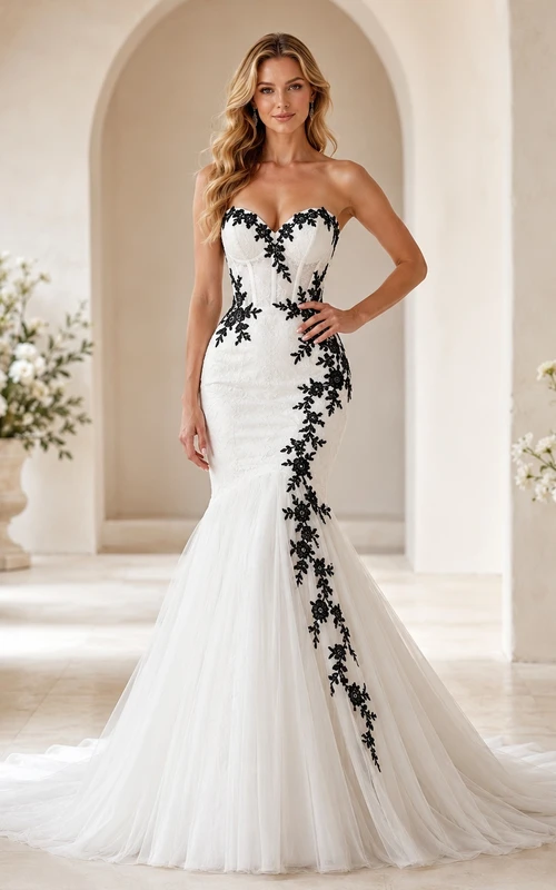 Schwarzes, trägerloses Brautkleid im Meerjungfrauenstil mit floralen Applikationen, herzförmigem Herzausschnitt, Tüllschleppe und langer Schleppe