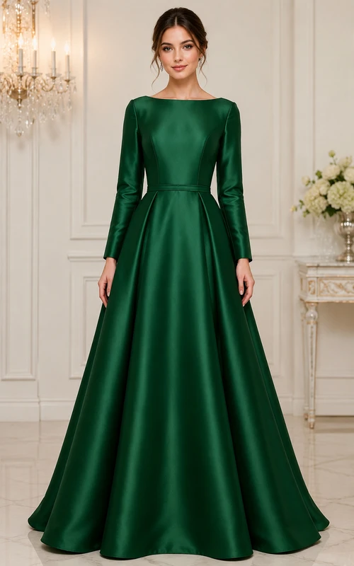 Ballkleid, U-Boot-Ausschnitt, lange Ärmel, Satin-Abendkleid mit Falten