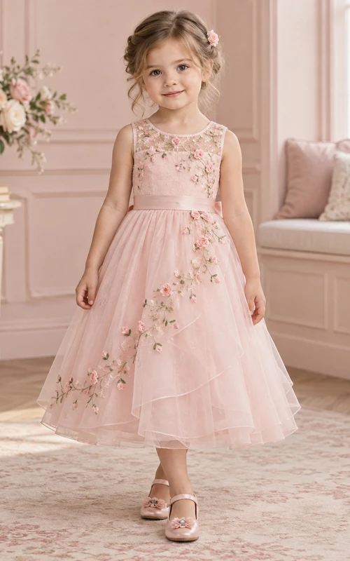 Teelanges, zartrosa geblümtes Sommerkleid in A-Linie aus Tüll, ärmellos mit Schärpe, Blumenmädchenkleid