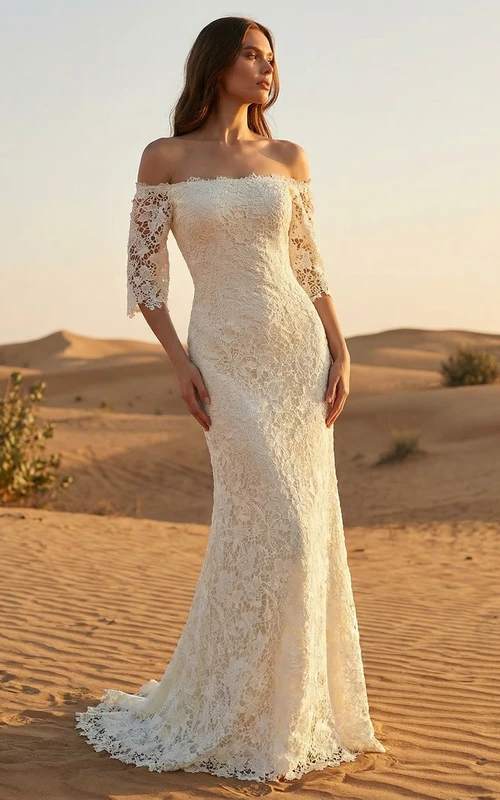 Brautkleid im Boho-Stil mit halblangen Ärmeln aus Spitze