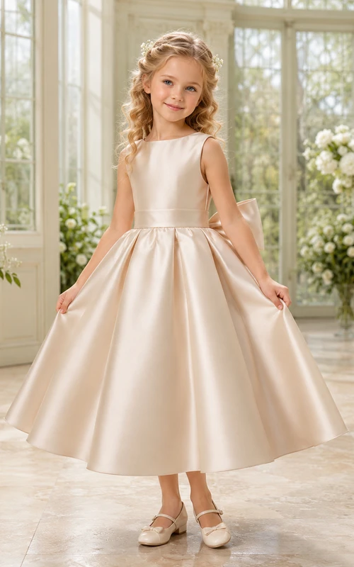 Blumenmädchenkleid aus champagnerfarbenem Satin, A-Linie, kurze Ärmel, Rundhalsausschnitt, Teelänge, Schleife am Rücken