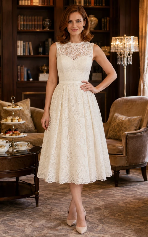 Vestido largo color marfil sin mangas con corpiño de encaje transparente y largo hasta la rodilla