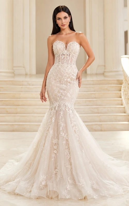 Strapless Sweetheart Lace Applique Corset Mermaid Chapel Train Luxury Wedding Dress