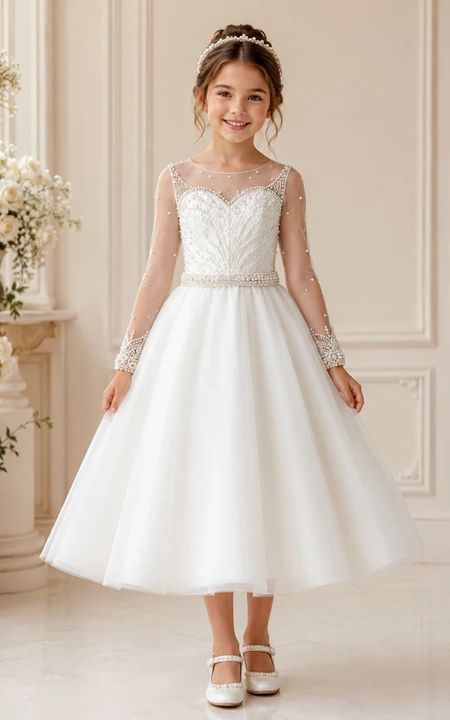 A-line Tea-length Long Sleeve Illusion Tulle Lace Flower Girl Dress with White satin skirt with long illusion lace sleeves