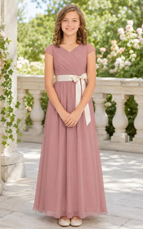 Vintage-Brautjungfernkleid in Mauve, A-Linie, V-Ausschnitt, kurze Ärmel, Chiffon, kontrastierende Schärpe, elegant