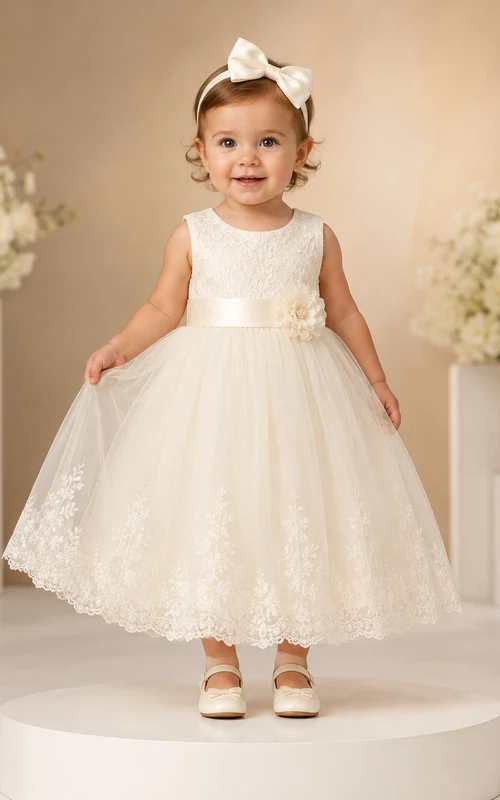 Baptism Dress A-Line Tulle Lace Jewel Neck Sleeveless Tea-Length Hem