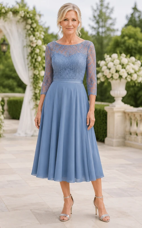 Robe MOB bleu acier en mousseline de soie et dentelle, coupe trapèze, manches 3/4, col rond, longueur thé