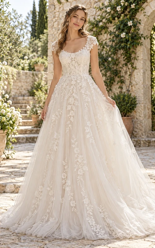 Floral Scoop Neck Cap Sleeve Tulle A-line Train Wedding Dress