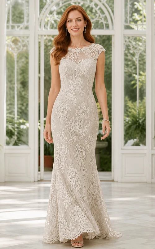 Vestido de novia de encaje con cuello alto y corte recto para novias mayores y modestas.